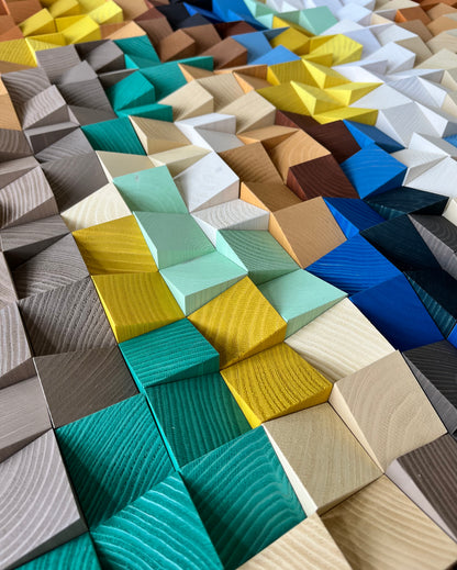 Handcrafted wooden wall art panel featuring natural color gradients and organic design.