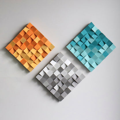Handcrafted green 3D wooden wall art panel with geometric texture and natural wood grain.