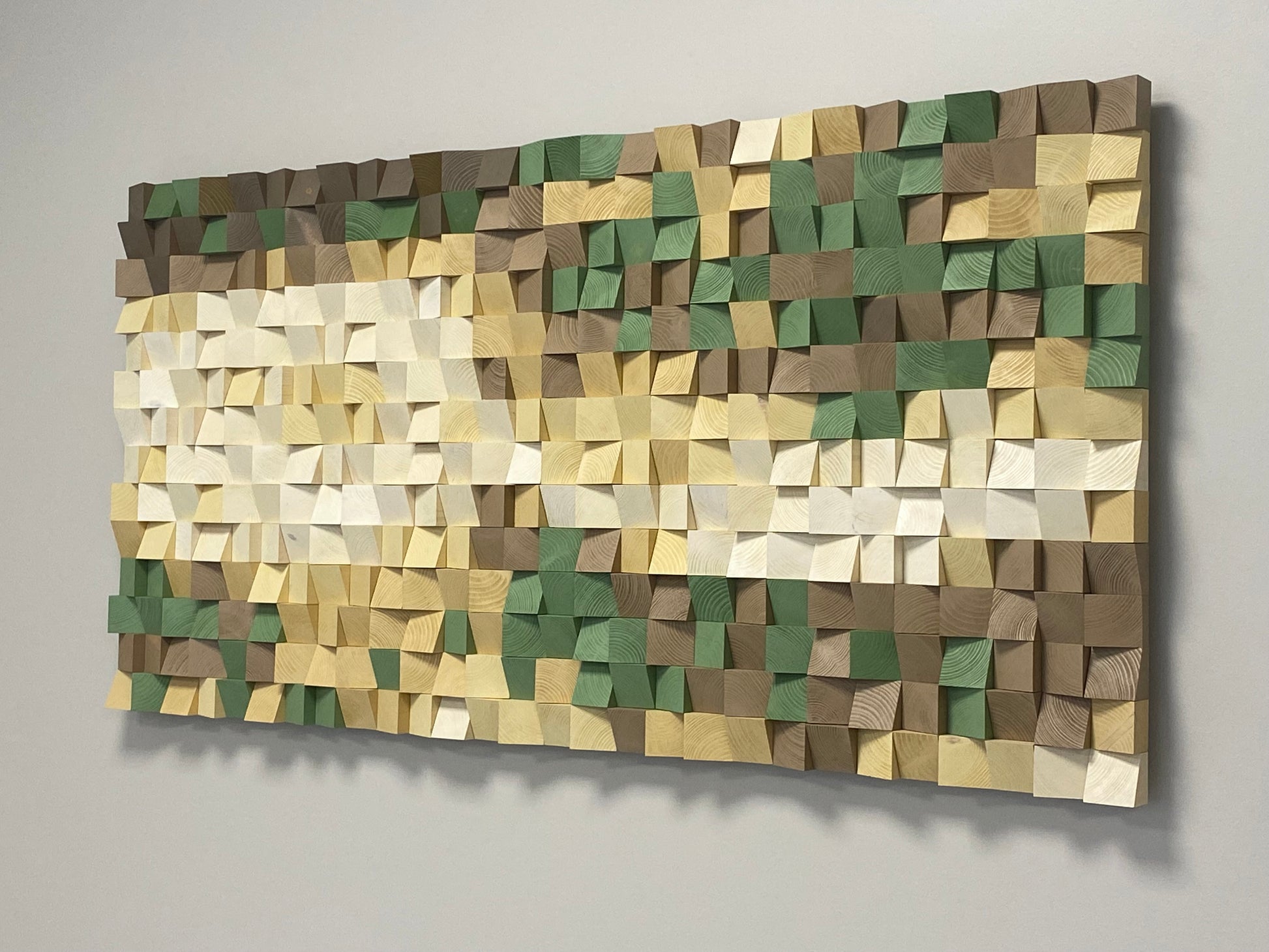 Artisan-crafted beige wood panel with geometric wooden shapes and soft earthy tones.