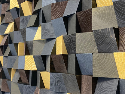Handcrafted wooden acoustic wall panel with luxury dark wood and gold pattern.