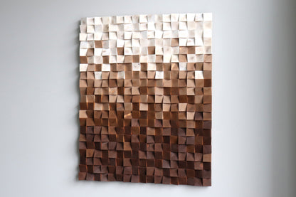 Cocoa-inspired wooden wall panel with geometric handcrafted wood blocks and rich texture.