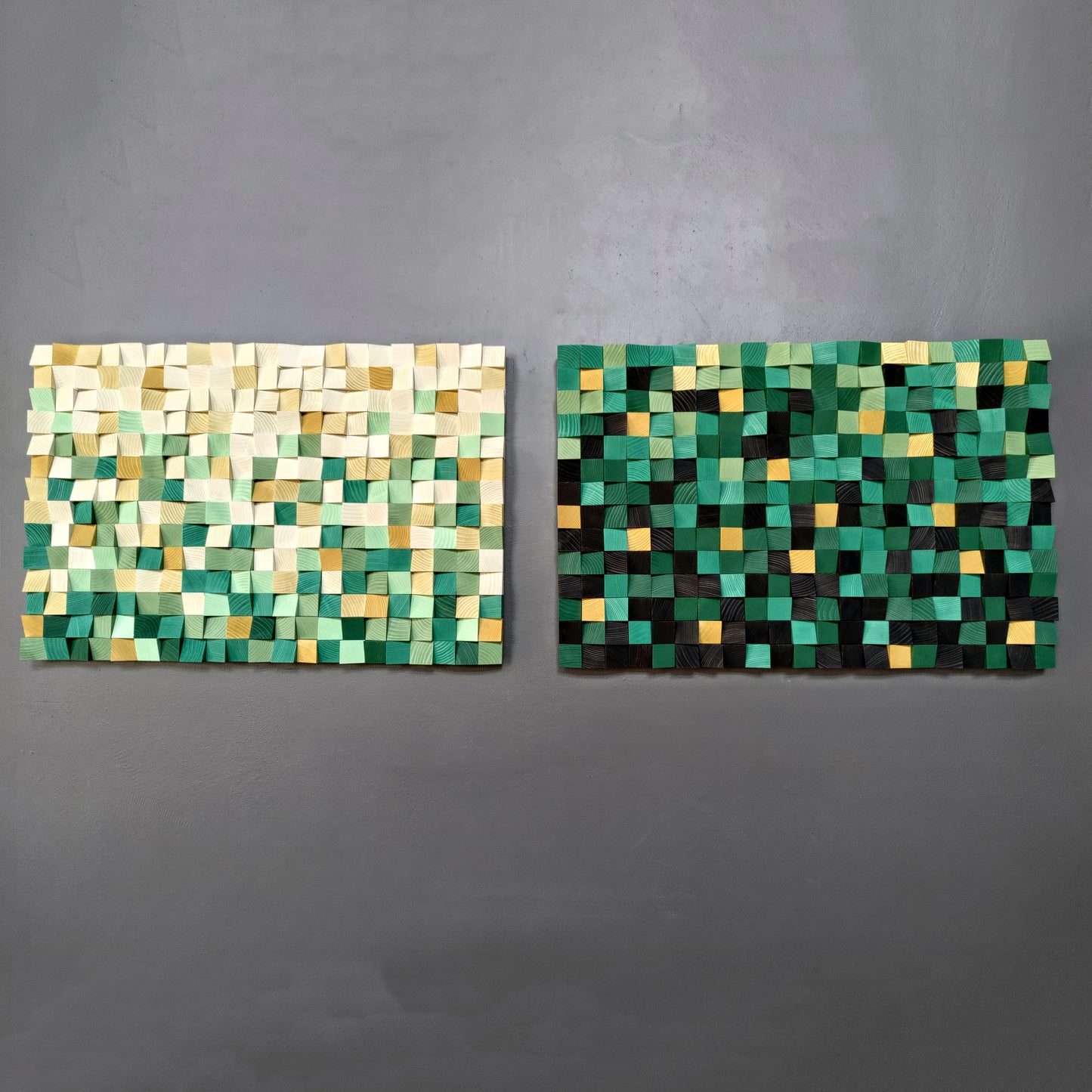 Emerald-inspired wooden wall panel with handmade geometric wood blocks and rich texture.