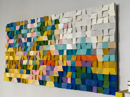 Handcrafted multicolor wood mosaic piece featuring bold color transitions.