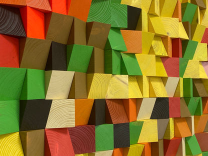 Electric-inspired 3D wall art made of wood blocks arranged in a pixel-style acoustic pattern.