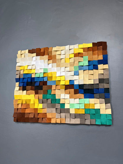 Nature-inspired 3D wooden sound diffuser blending earth, sand, and sky shades for balance.