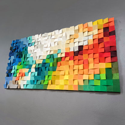 Future Vision acoustic wall art with layered wood blocks in dynamic warm and cool hues.