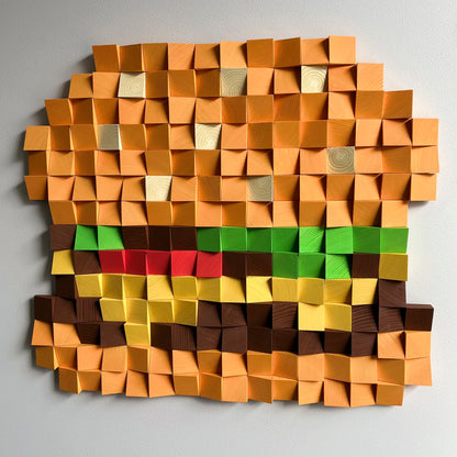 Handmade cheeseburger wall art showcasing natural wood texture and bold color accents