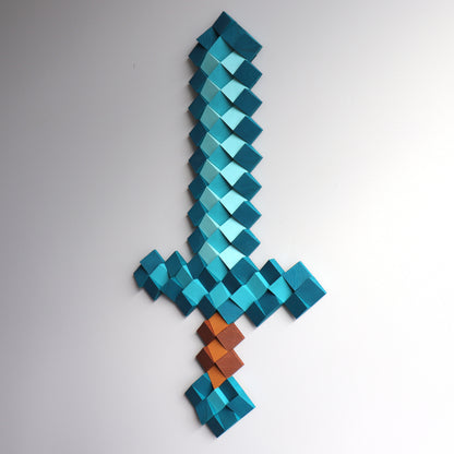 Handmade Minecraft diamond sword wall art showcasing natural wood texture and bold color contrast