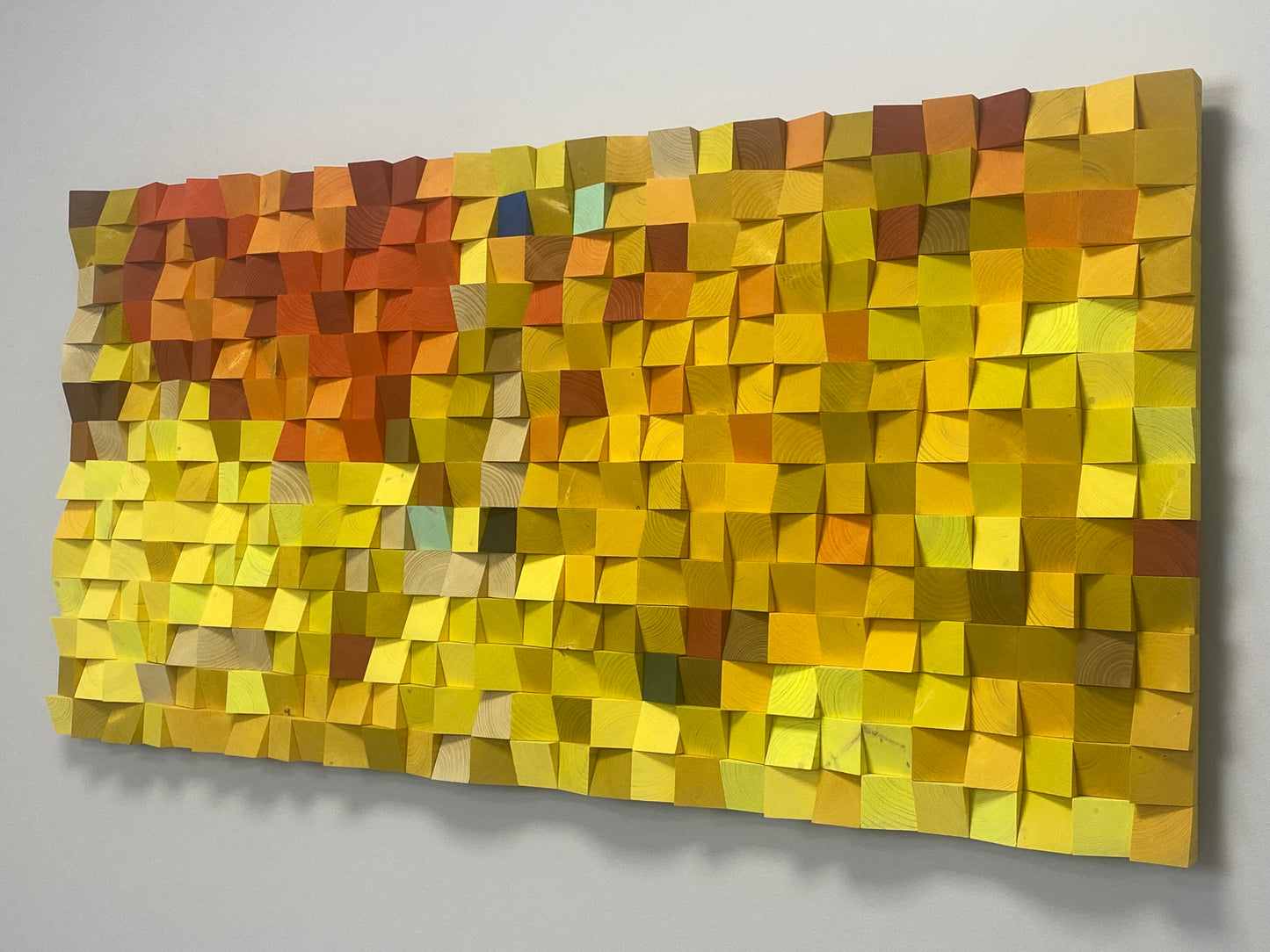 Modern wall decor panel with acoustic sound diffusion, featuring natural wood and gradient yellow tones.
