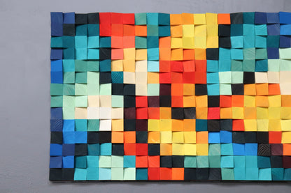 Detailed colorful geometric wooden wall art for modern interior design.