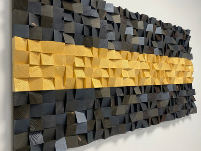 Contemporary wooden wall panel with a striking gold stripe and acoustic properties.