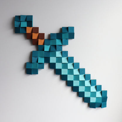 Handcrafted 3D Minecraft diamond sword wall decor featuring layered wooden blocks