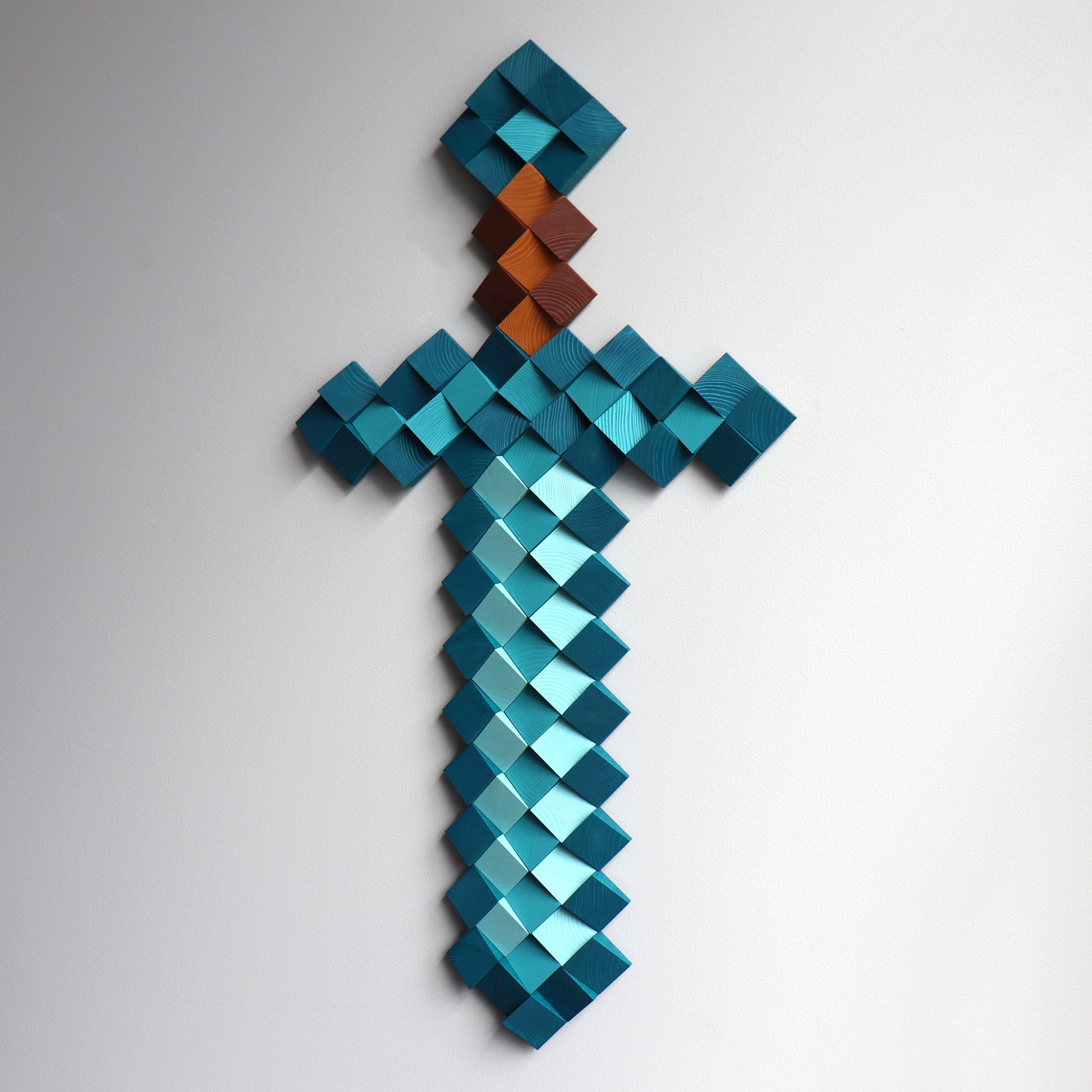 Statement Minecraft diamond sword wood art combining pixel geometry and playful gaming style