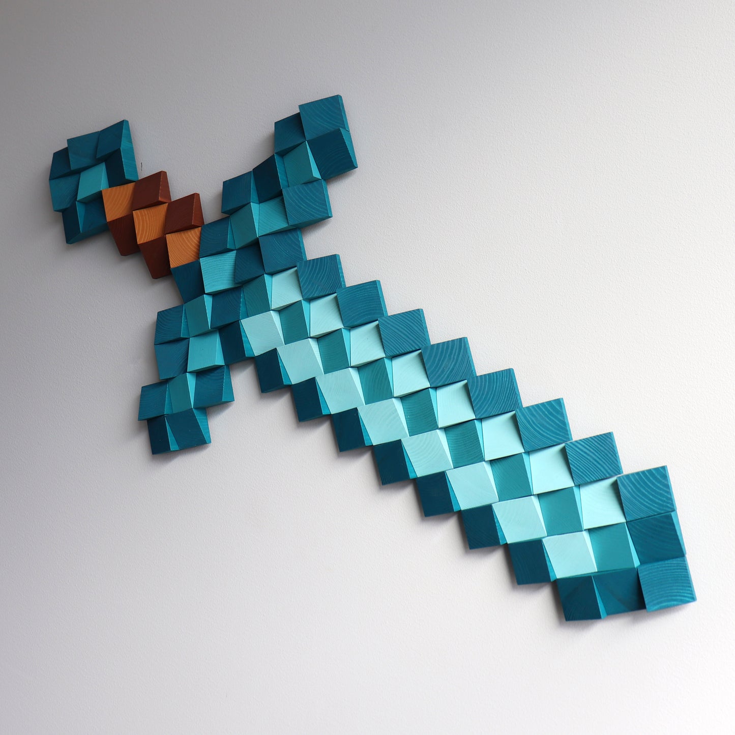 Decorative wooden Minecraft diamond sword artwork designed for gaming room interiors