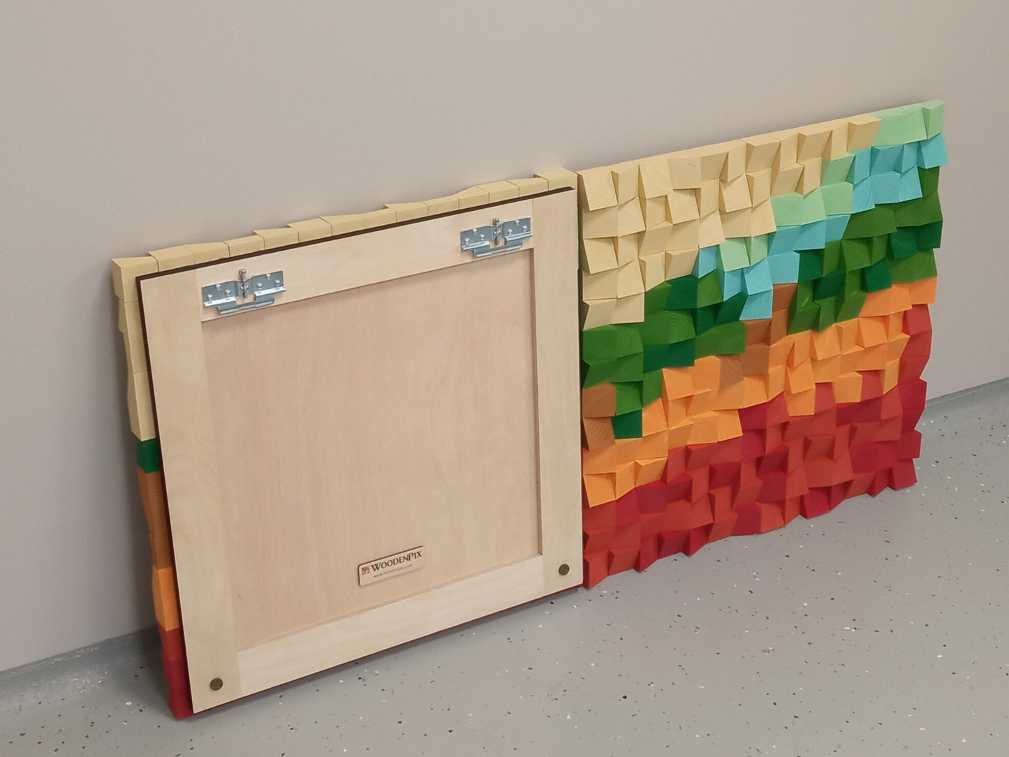 Artisan fall-themed wooden wall decor with deep texture and acoustic structure.