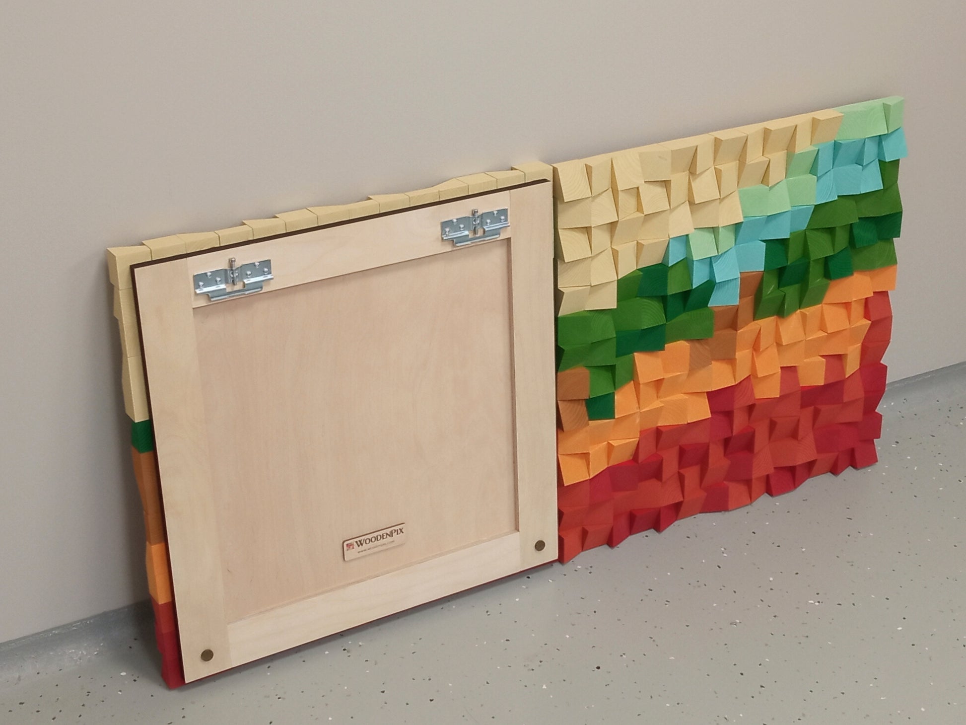 Artisan fall-themed wooden wall decor with deep texture and acoustic structure.