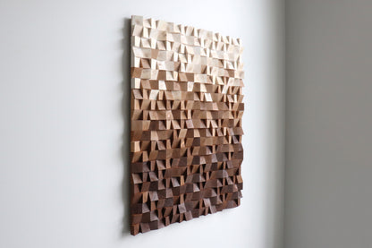 Modern wooden wall décor panel showcasing layered brown tones and deep acoustic structure.