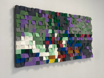 Modern acoustic wall panel by WoodenPix featuring geometric wood blocks in rich, calming hues.