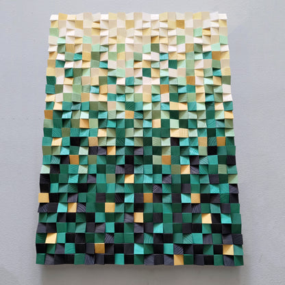 Modern wooden wall decor panel showcasing layered green tones and acoustic depth.