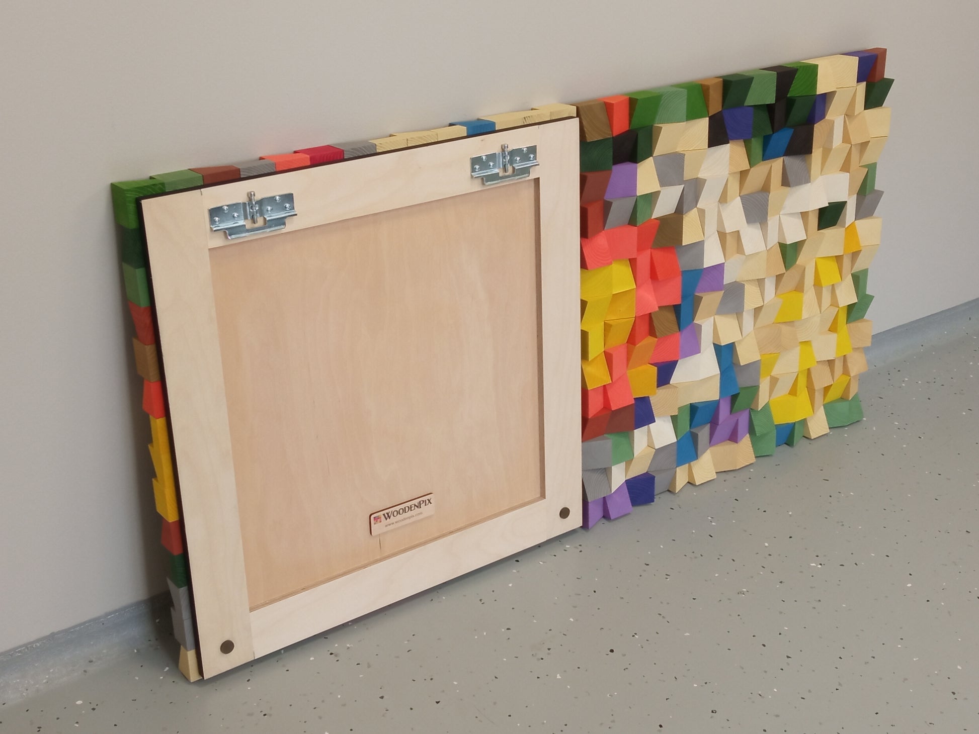 Vibrant handmade wooden wall decor panel with artistic sound diffusion and natural texture.