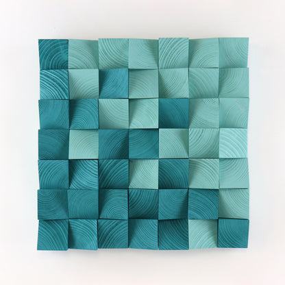 Turquoise 3D wooden wall art panel with sculpted geometric wood blocks.