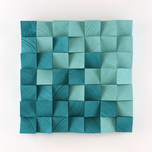 Turquoise 3D wooden wall art panel with sculpted geometric wood blocks.