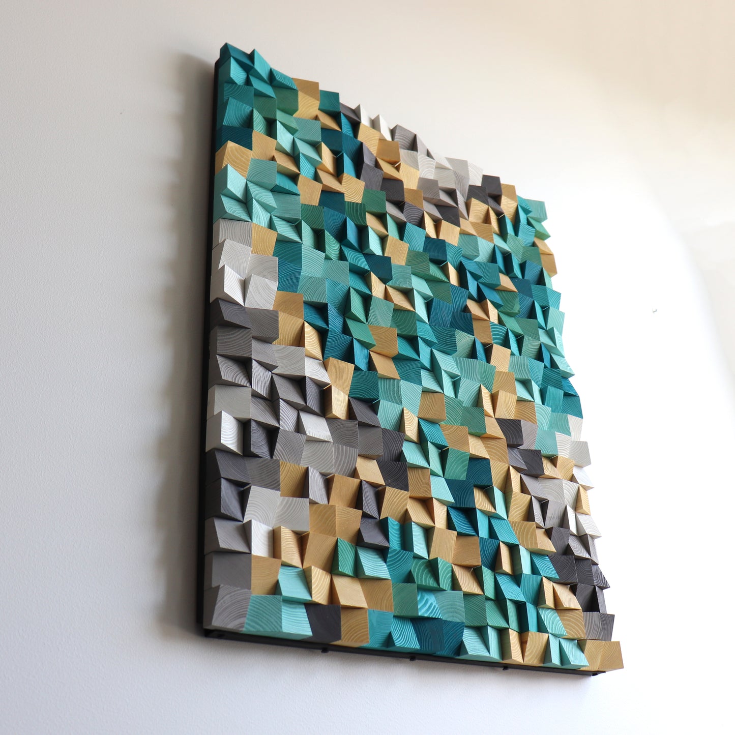 Modern acoustic wall decor by WoodenPix reflecting ocean waves and pixel-style patterns.