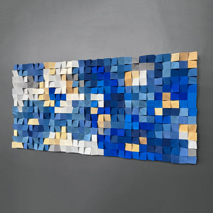 WoodenPix blue wall art with textured wood blocks and elegant gradient hues.