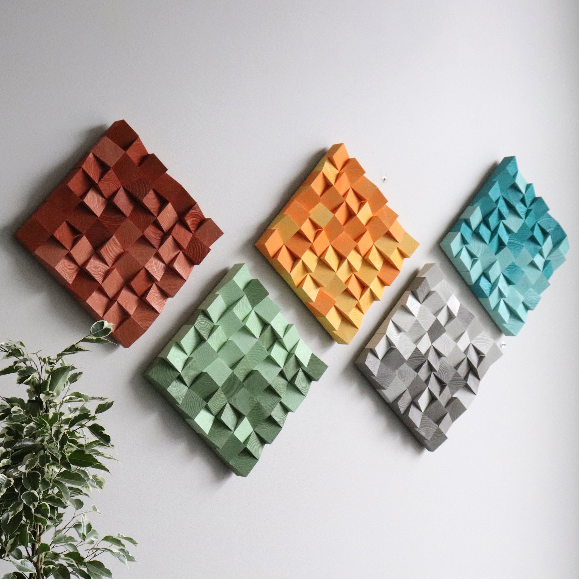 Multi Color Wall Art Set featuring a grid of handcrafted 3D wooden panels in modern tones.