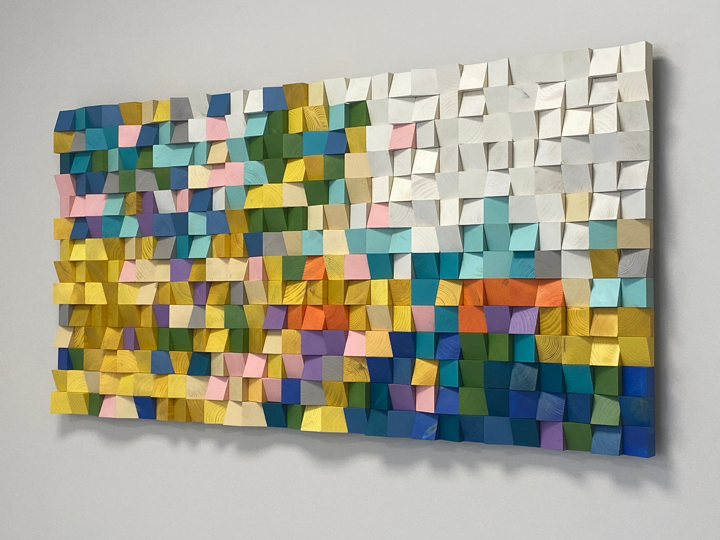 Multicolor 3D wooden mosaic design crafted for interior wall décor.