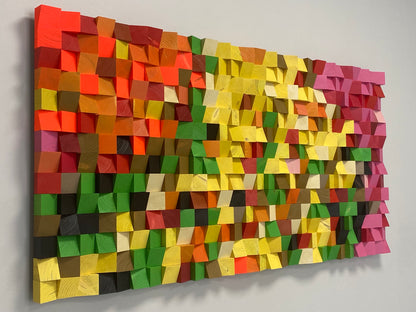 Modern wooden wall art in bright neon shades offering unique sound diffusion and bold artistic style.