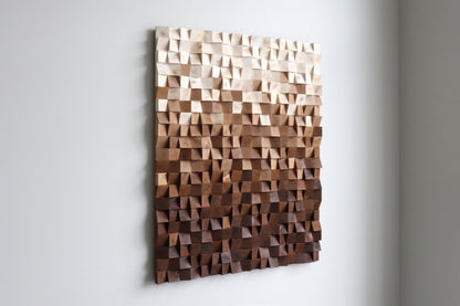 WoodenPix handcrafted wall art with warm brown tones, sculpted blocks, and sound-enhancing depth.