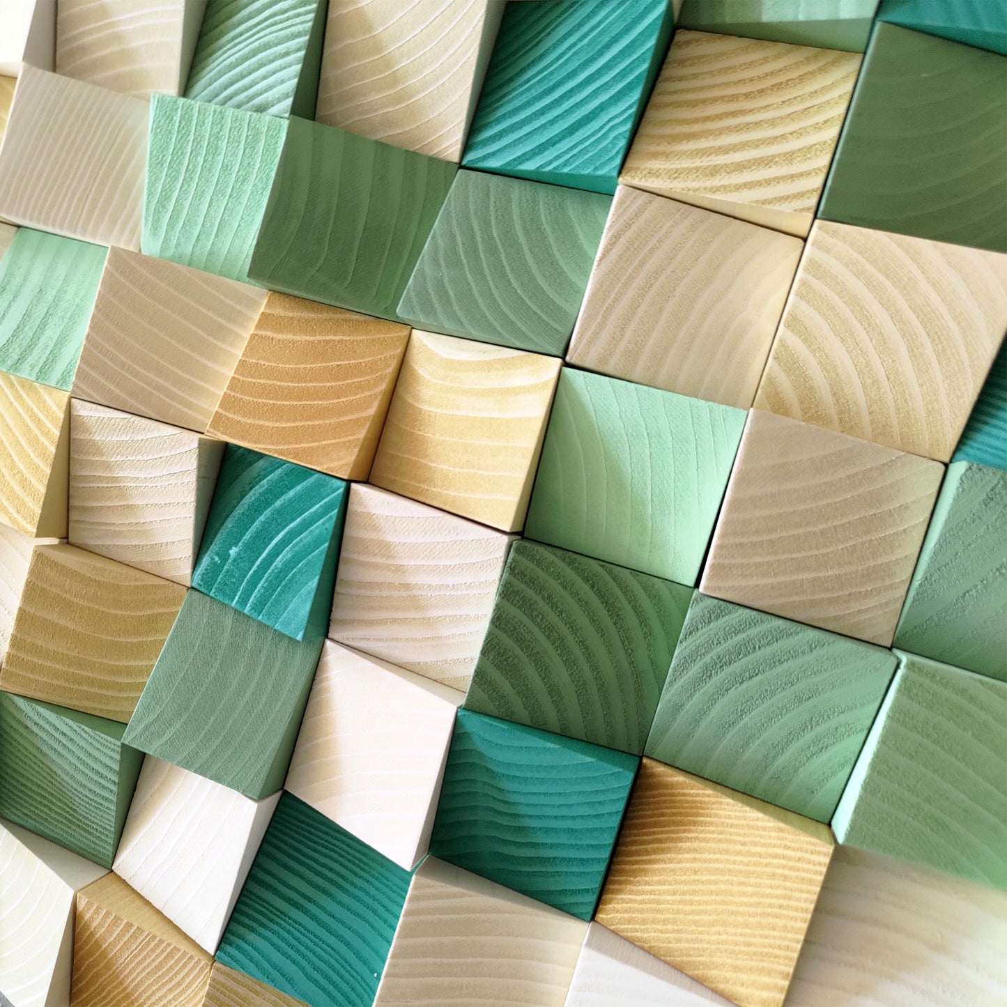 WoodenPix handcrafted wall art with emerald tones, geometric shapes, and sound-enhancing structure.