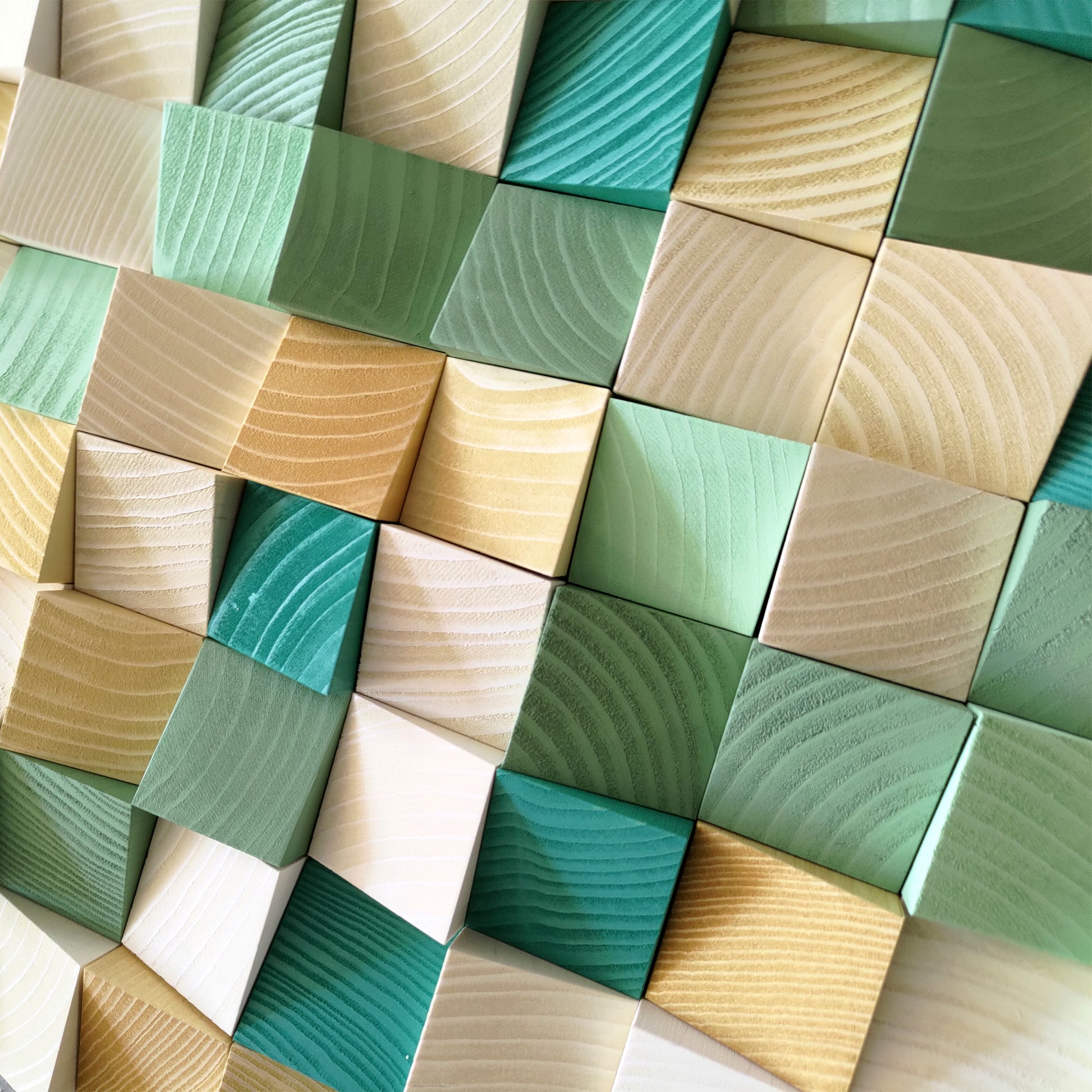 WoodenPix handcrafted wall art with emerald tones, geometric shapes, and sound-enhancing structure.