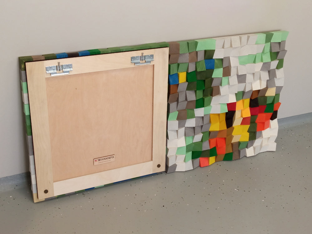 WoodenPix meadow wall art combining soft neutrals, deep greens, and lively accent blocks.