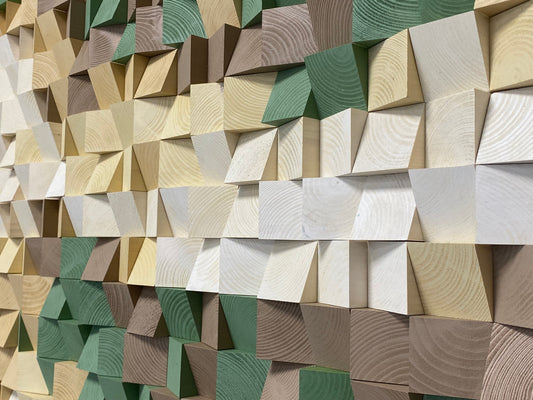 Neutral gradient wooden acoustic panel with handcrafted geometric blocks and warm wood texture.