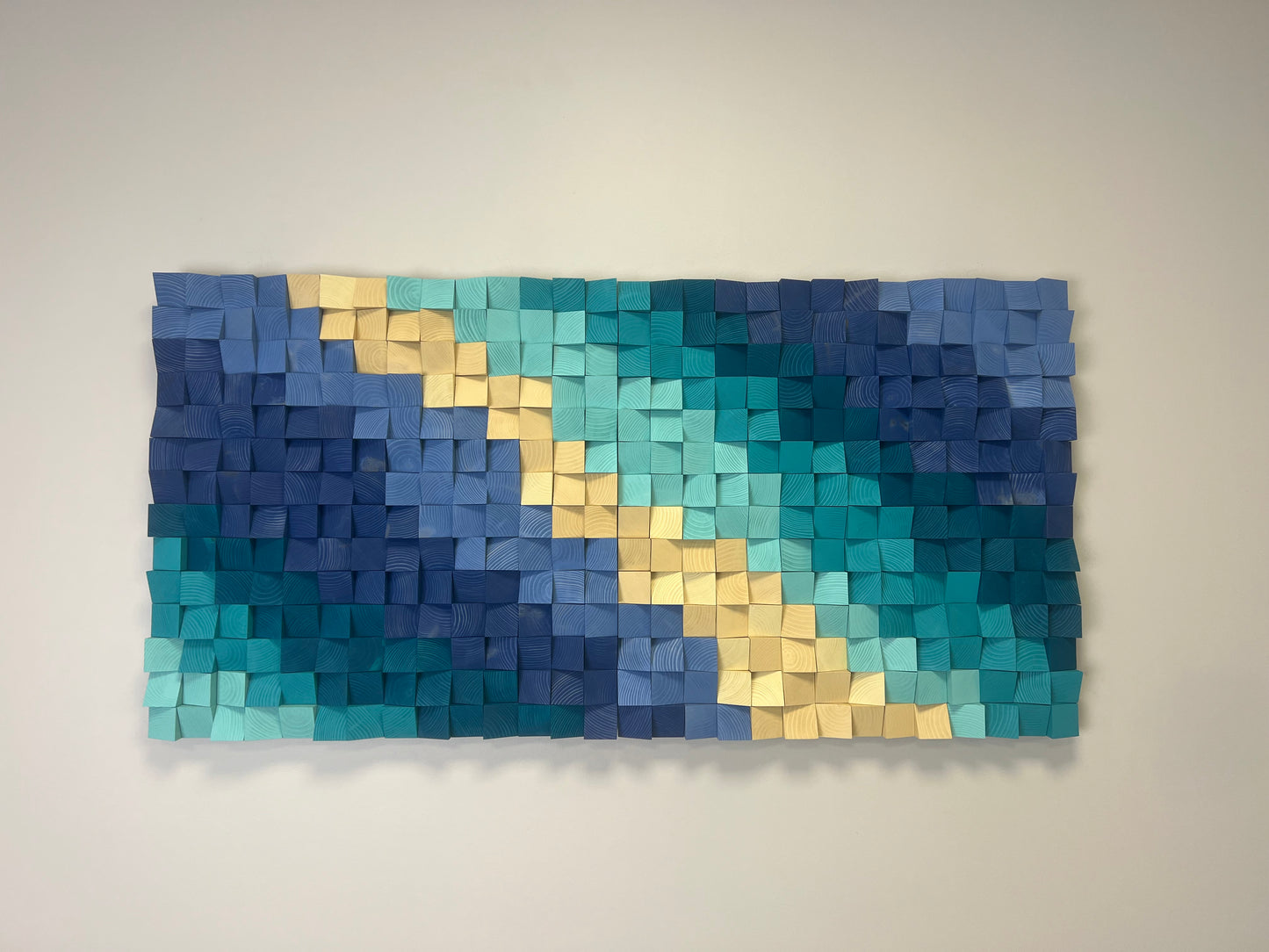 Coastal-inspired 3D wooden acoustic panel with beach color palette and modern geometric design.
