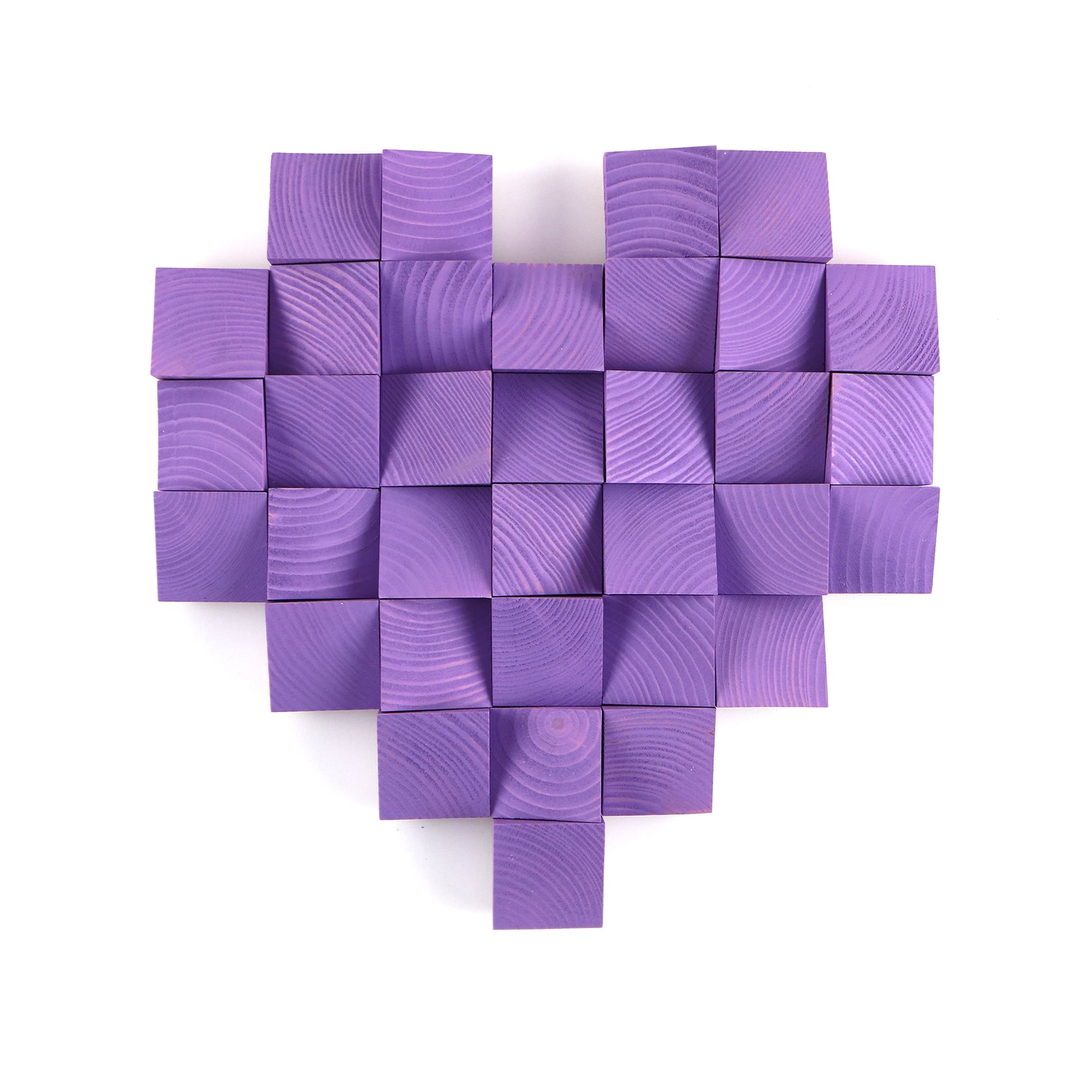 Handmade purple heart wall art crafted from wooden blocks in a bold pixel-style design