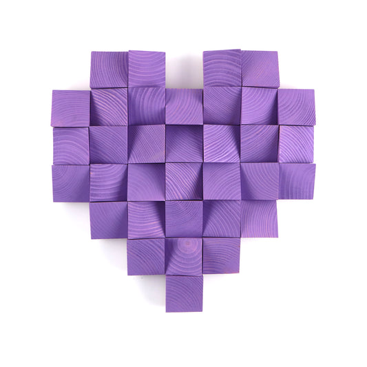 Handmade purple heart wall art crafted from wooden blocks in a bold pixel-style design