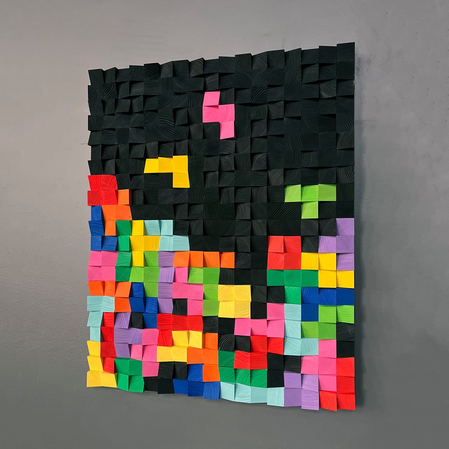 Retro Glitch 3D wooden wall art by WoodenPix featuring bright pixel-inspired colors on a black base.