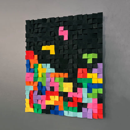 Retro Glitch 3D wooden wall art by WoodenPix featuring bright pixel-inspired colors on a black base.