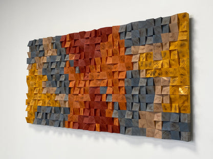 Handcrafted burnt wood wall art with warm colors and detailed wooden patterns.