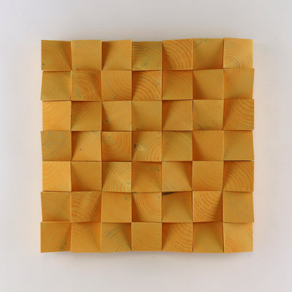 Handcrafted Saffron Yellow 3D wooden wall panel featuring curved carved blocks and a bold warm tone for vibrant modern interior decor.