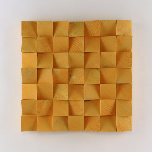 Handcrafted Saffron Yellow 3D wooden wall panel featuring curved carved blocks and a bold warm tone for vibrant modern interior decor.