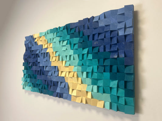 Sandbank 3D wooden wall art by WoodenPix featuring ocean blues and soft sand tones in handcrafted wood blocks.