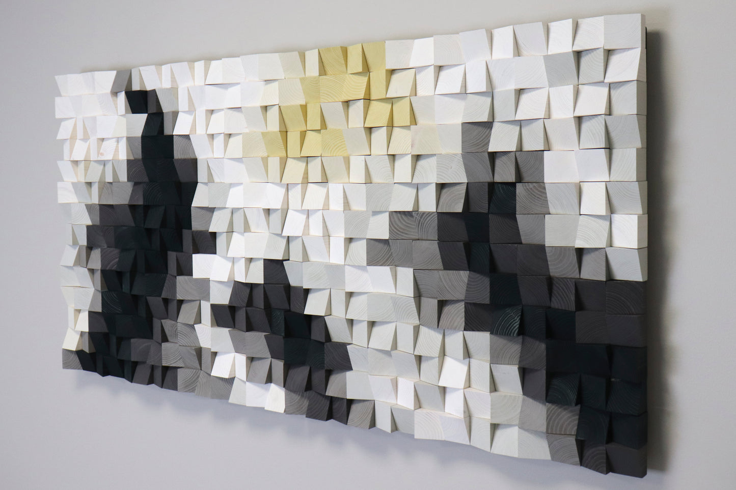 Textured 3D wood wall art with a snowy mountain-inspired gradient in neutral tones.