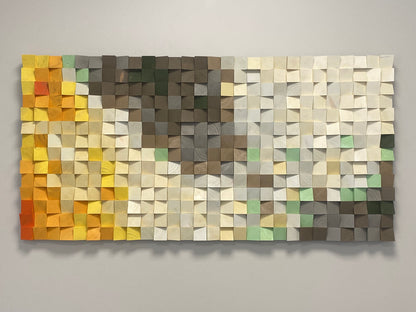 Snowy mountains wooden acoustic artwork with layered wood blocks and natural grain texture.