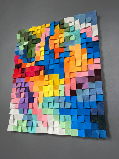 Summer Spots 3D wooden wall art by WoodenPix featuring bright multicolor handcrafted blocks for acoustic enhancement.