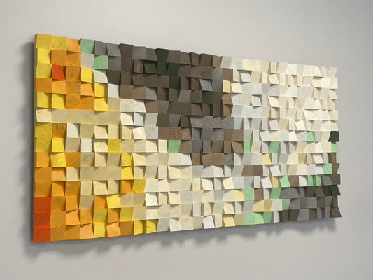 3D wooden wall art panel featuring a warm sun blending into snowy mountain peaks.