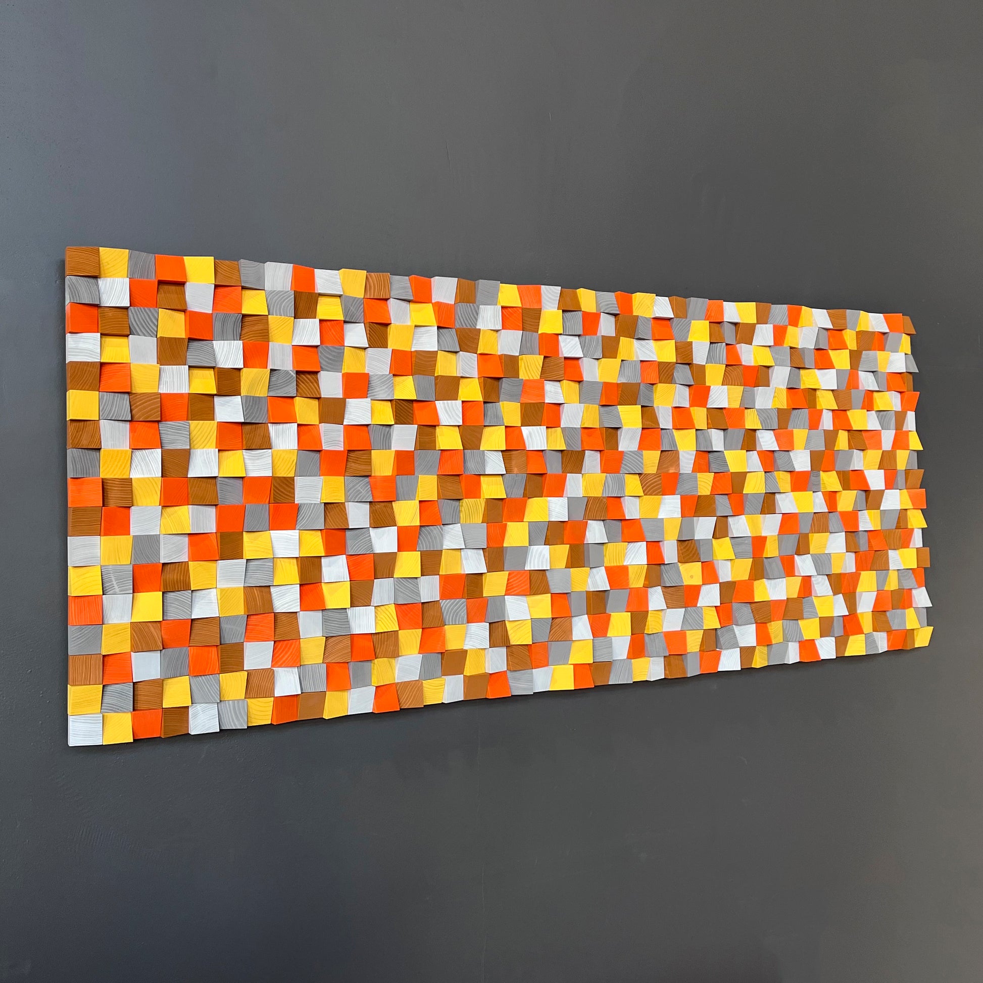 Sunset Harmony 3D wooden wall art by WoodenPix featuring warm orange, yellow, and grey tones with handcrafted acoustic design.